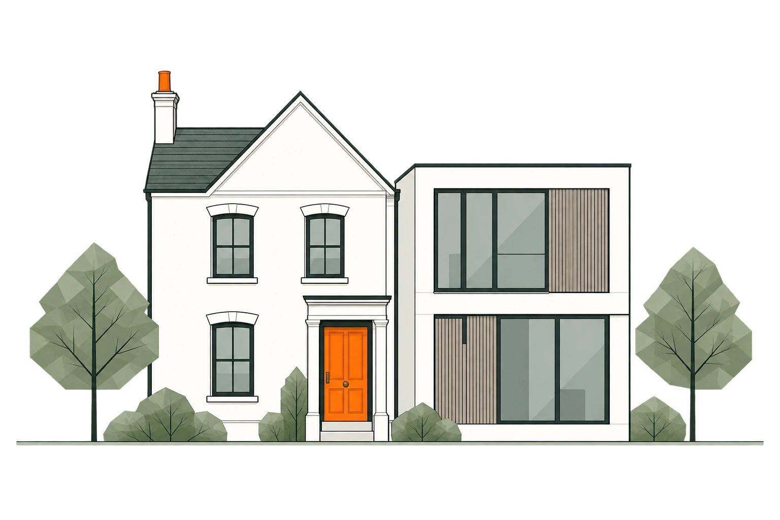 An illustrated home with a modern extension, orange front door and landscaped garden