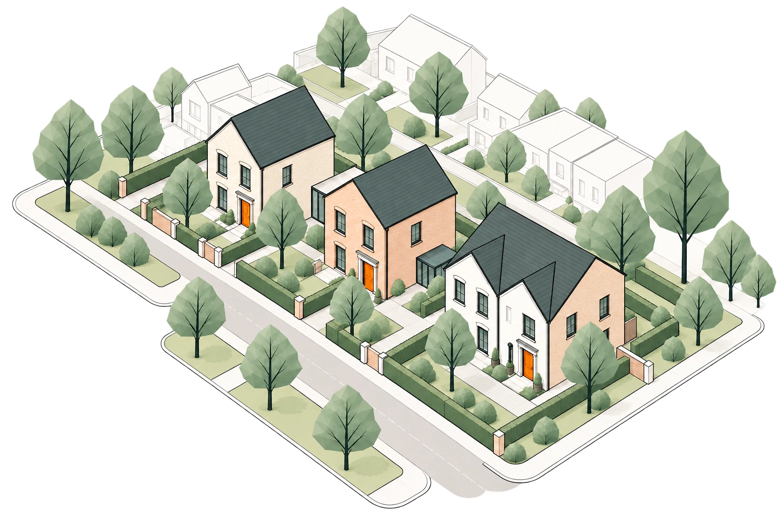 Illustrated British homes with warm brick façades, landscaped gardens and tree-lined streets