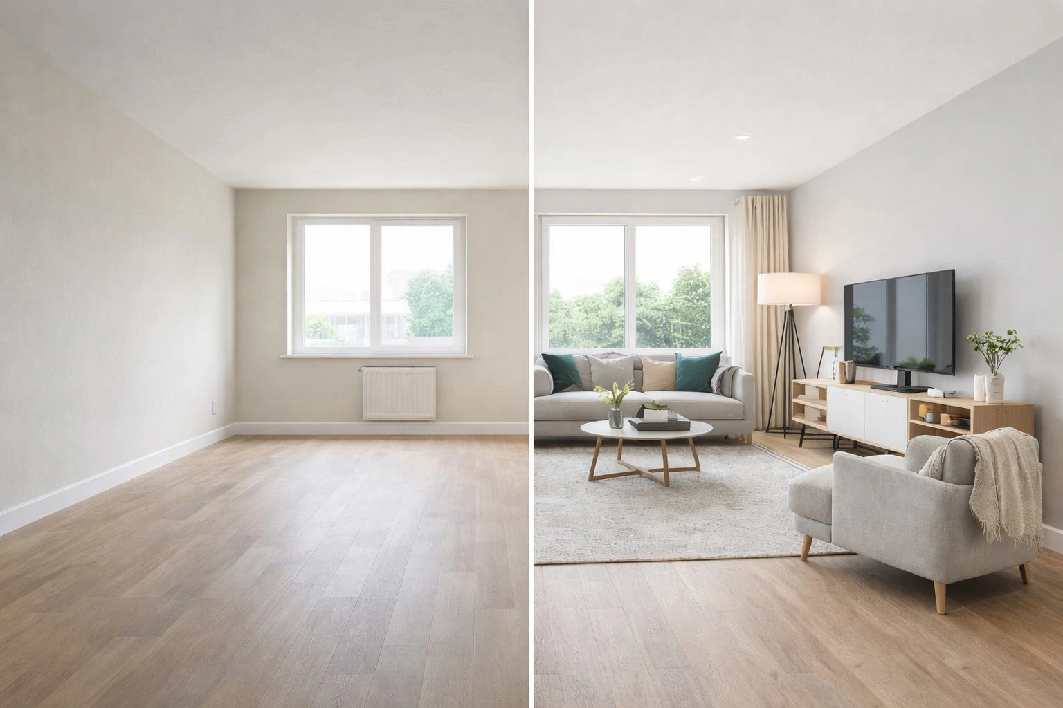 An interior shown before and after thoughtful furnishing